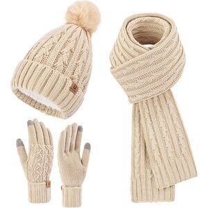 Women’s Oatmeal Winter Beanie Hat Scarf & Touchscreen Gloves 3-in-1 Gift